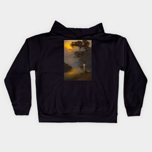 Surreal Tranquil Dark Landscape Lonely with Waters and a Tree by the Mountains Kids Hoodie